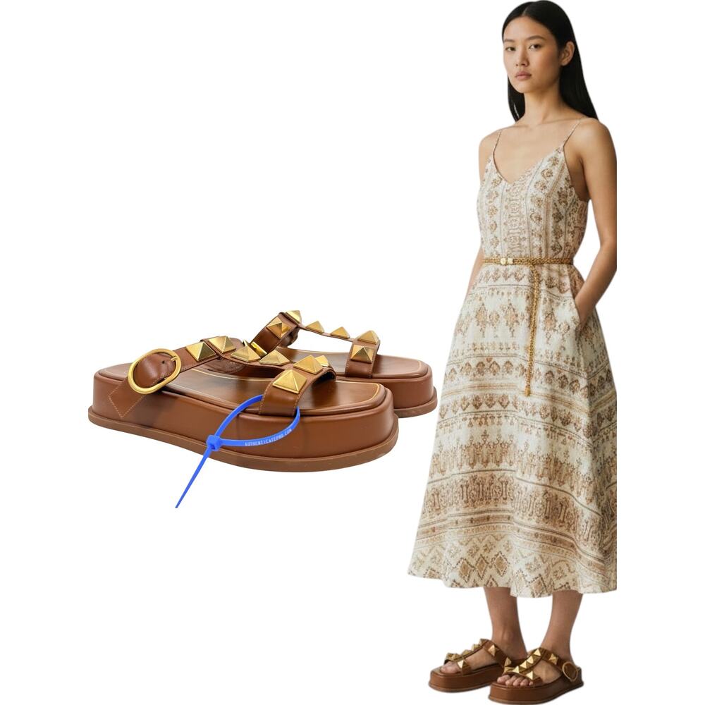 Valentino Garavani Roman Stud Platform Leather Slides Brown Size 37.5